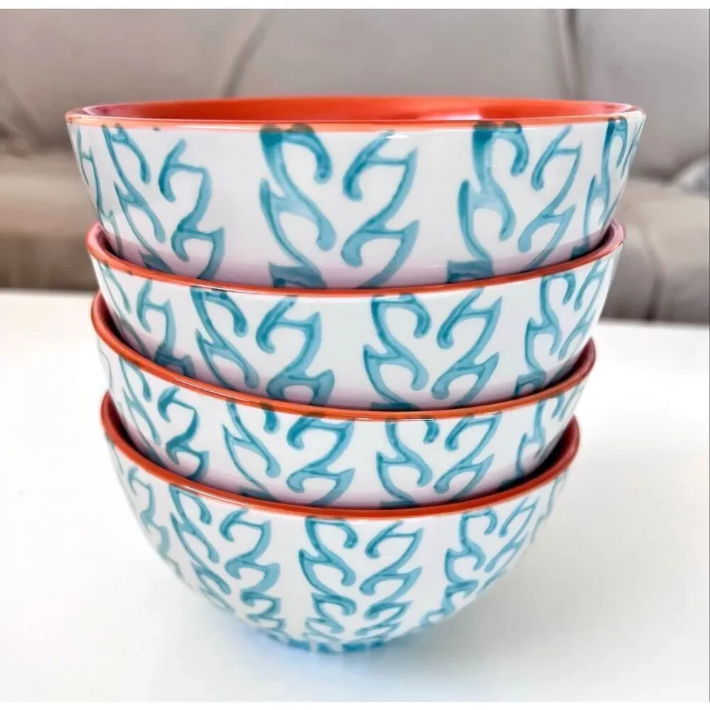 BAUM TANGIER 4- Soup Bowls Turqoise Orange Stoneware Dinnerware Discontinued